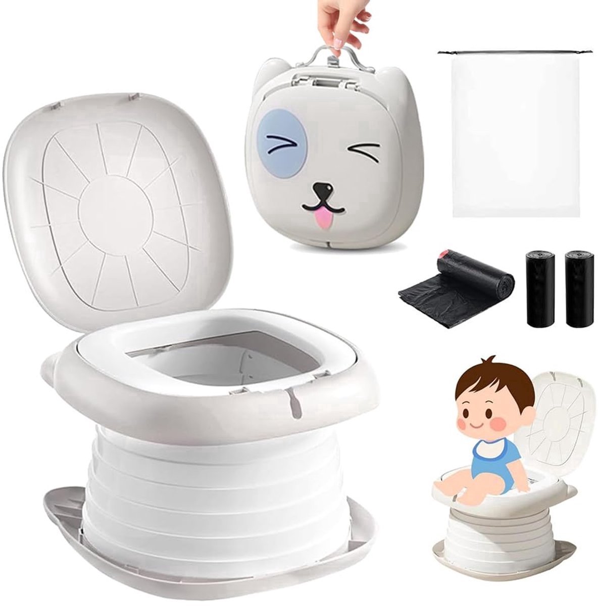 Plaspotje kind - Reisplaspotje voor peuters - Toilettrainer - Trainings toiletbril voor jongens en meisjes - voor kamperen, buiten, binnen - Draagbaar en opvouwbaar - met vuilniszakken