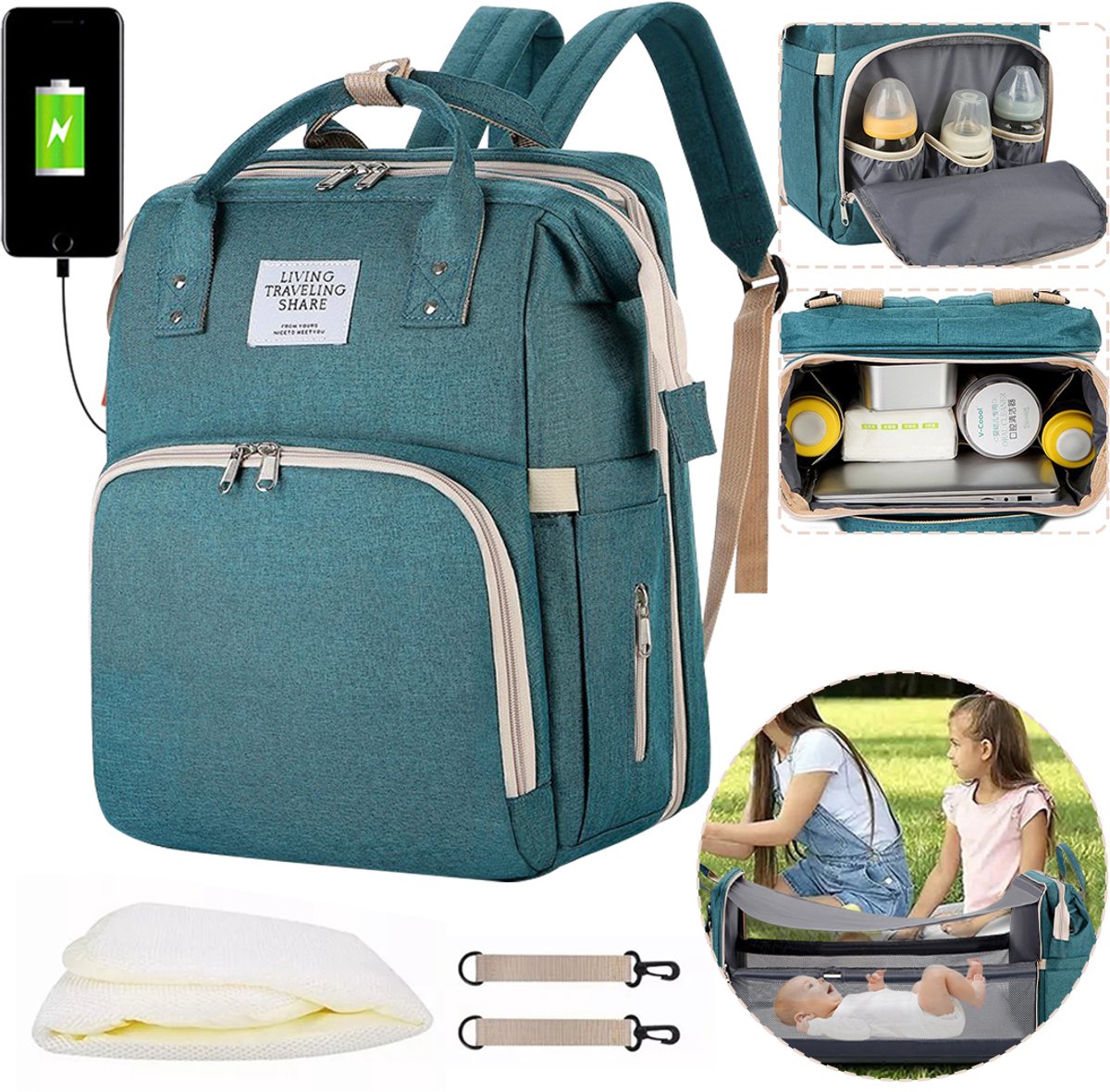 Luiertas Rugzak met Bedfunctie -Luier en Verzorgingstas- Grote Wikkeltas voor Baby’s - Multifunctionele Baby Verzorgingstas - Inclusief Verschoonmatje en Kinderwagenhaken - Waterdicht - Verschoon en Slaap Bedje- Voor Mama en Papa thumbnail 3