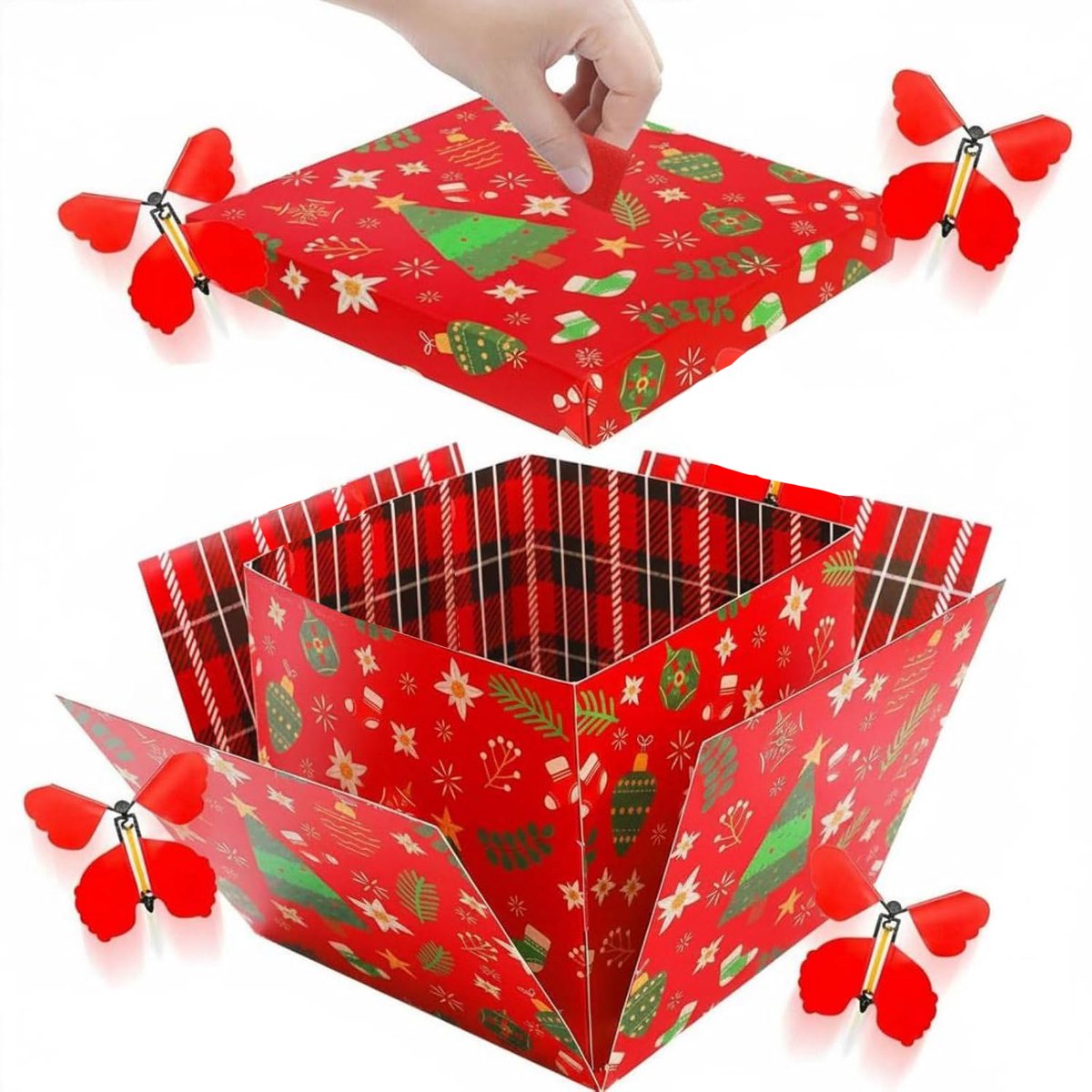 Cadeaudoos - Geschenkdozen - Explosion Box - Inclusief 4 fladderende vlinders - Kerstgeschenkdoos (alleen de doos en 4 vlinders) - Unieke Geschenkdoos - Geschikt voor Kerstmis - 15*14.8*12.5cm