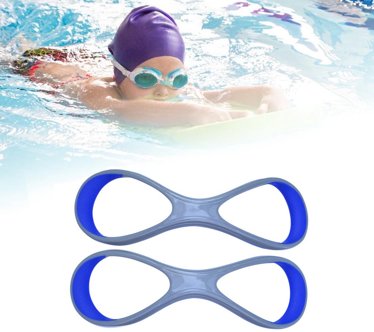 1-paar Achtvormig zwemhulpmiddel -Zwemarm elleboogcorrector met draaipunt - Onderarm elleboogcorrector met draaipunt - Hoge elleboogcorrector voor zwemmen - Arm elleboogcorrector - 28*10,5*1,2 cm - Maat S - Geschikt voor kinderen - Blauw, Grijs