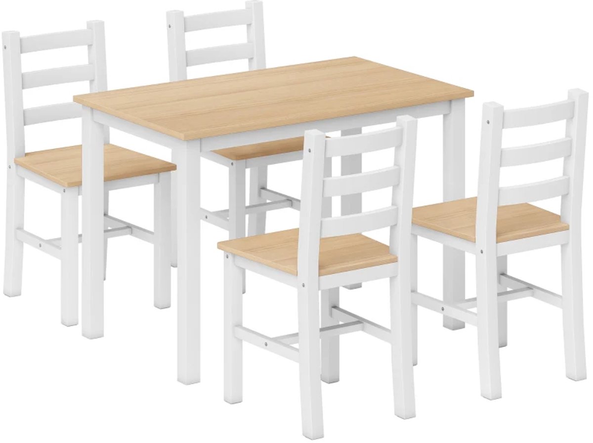 Eethoek - 5-delige Eetset Voor 4 Personen - Landelijke Eettafel En Stoelen Van Massief Hout - Naturel En Wit