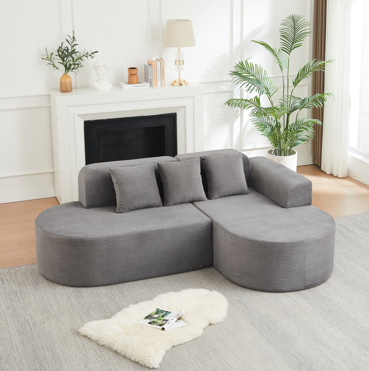 FloraGrace Hoekbank 220 x 155 x 70 cm – L-Vormig Met Gebogen Chaise Longue En 3 Kussens – Voor Woonkamer Of Lounge – Cord – Grijs