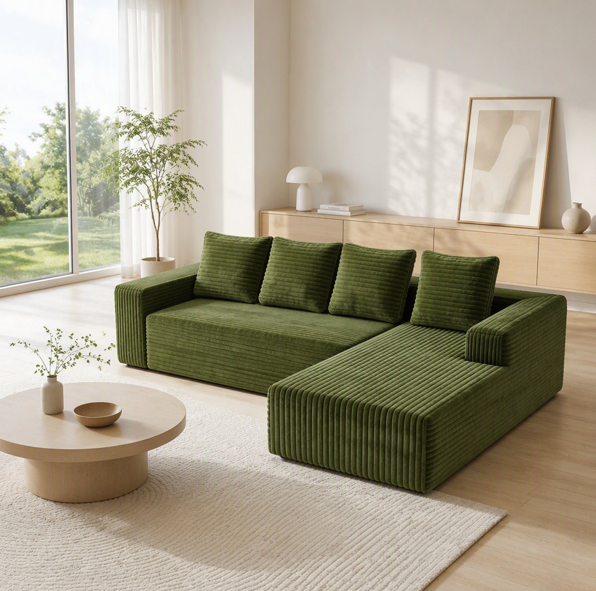 MIVRAY Hoekbank 261 Cm L Vorm Met Chaise Links Modulaire Bank Met Diepe Zit Voor Woonkamer En Slaapkamer Corduroy Groen