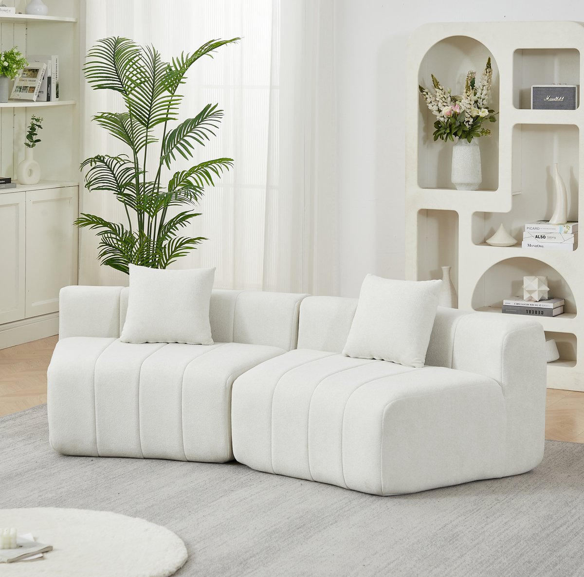 FloraGrace Modulaire Bankmodule – Gebogen Halfrond Sofamodule 223 Cm – Met 2 Kussens En Zonder Montage – Voor Woonkamer, Slaapkamer Of Kantoor – Chenille – Beige