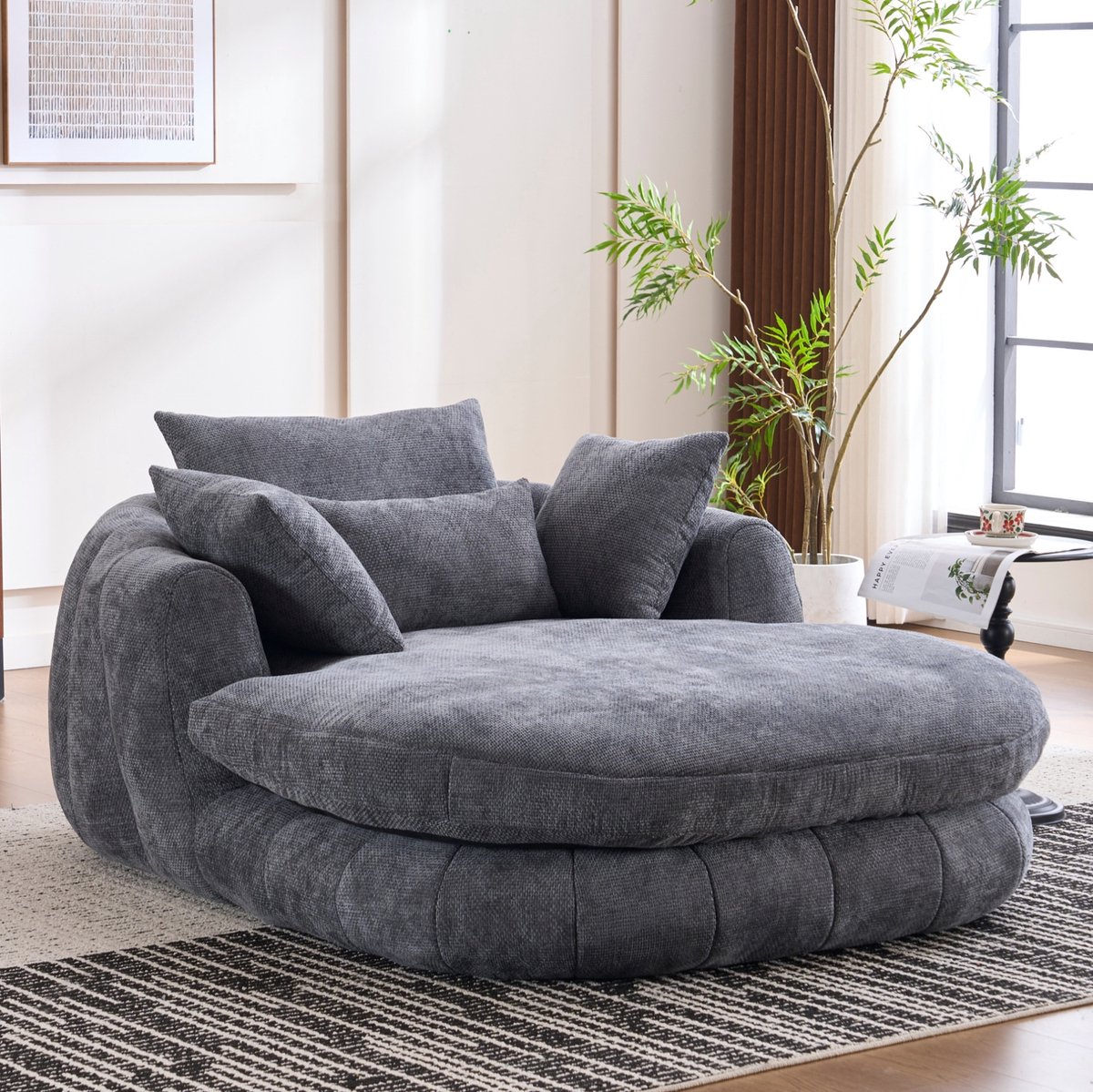 FloraGrace Chaise Longue – 1-Zits – Diepe Zitting Met Kussens En Zonder Montage – Voor Woonkamer, Slaapkamer Of Leeskamer – Chenille – Grijs