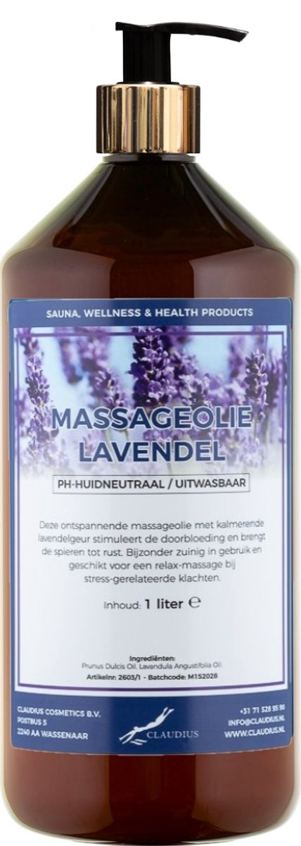 Massageolie Lavendel 1 liter met gouden pomp - amber fles - 100% natuurlijk - biologisch en koud geperst