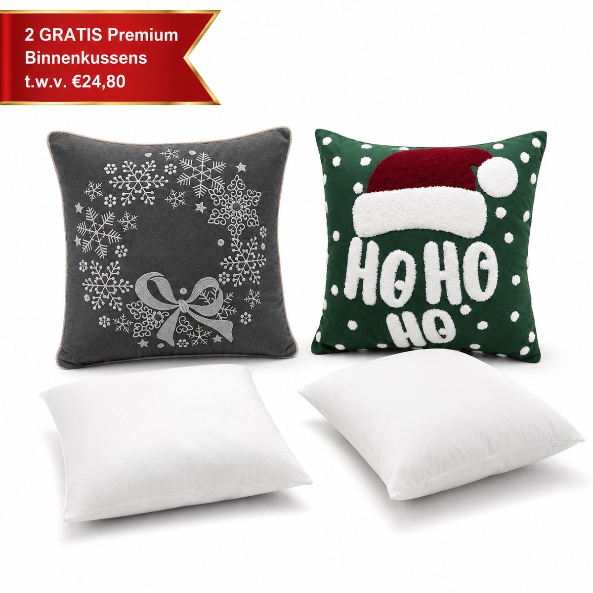 Urbane Hide Kerstkussen Set van 2 Kerst Kussenhoezen incl. Gratis Kussenvulling - Kerst Kussenhoes - Kussenhoesjes Vierkant - Kerstkussens met Sneeuwvlok en Ho Ho Ho Borduursel - 45x45 cm - Katoen - Voor Binnen - Donkergrijs/Groen