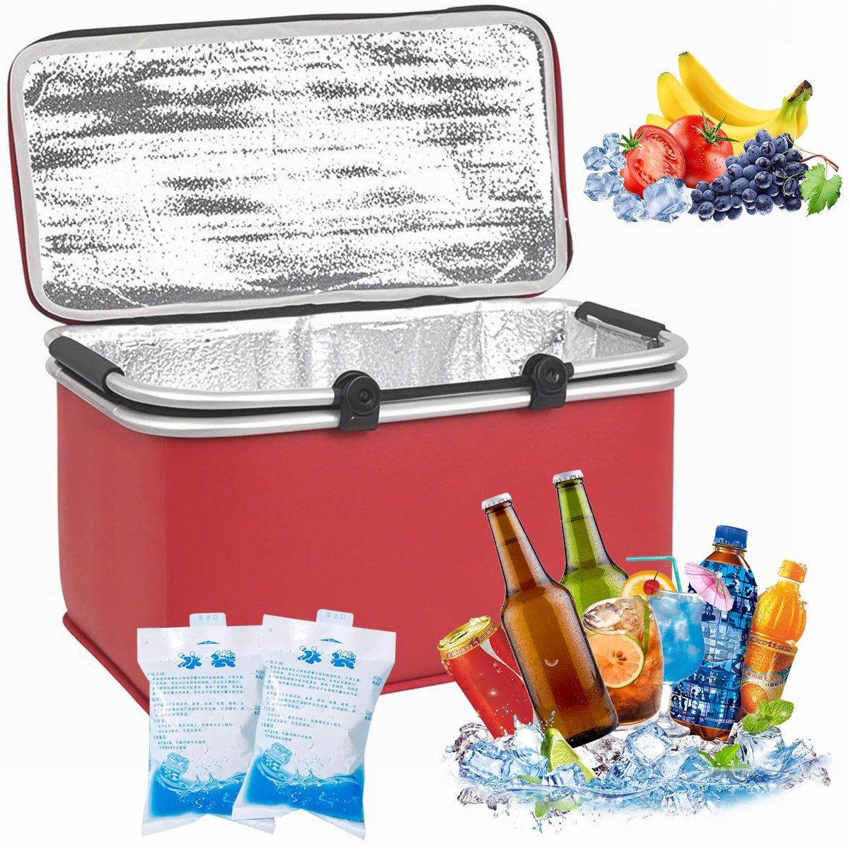 30 liter opvouwbare koeltas met 2 ijsaccu's, geïsoleerde thermotas voor picknick, camping, winkelen, kantoor, outdoor - ShopVlot