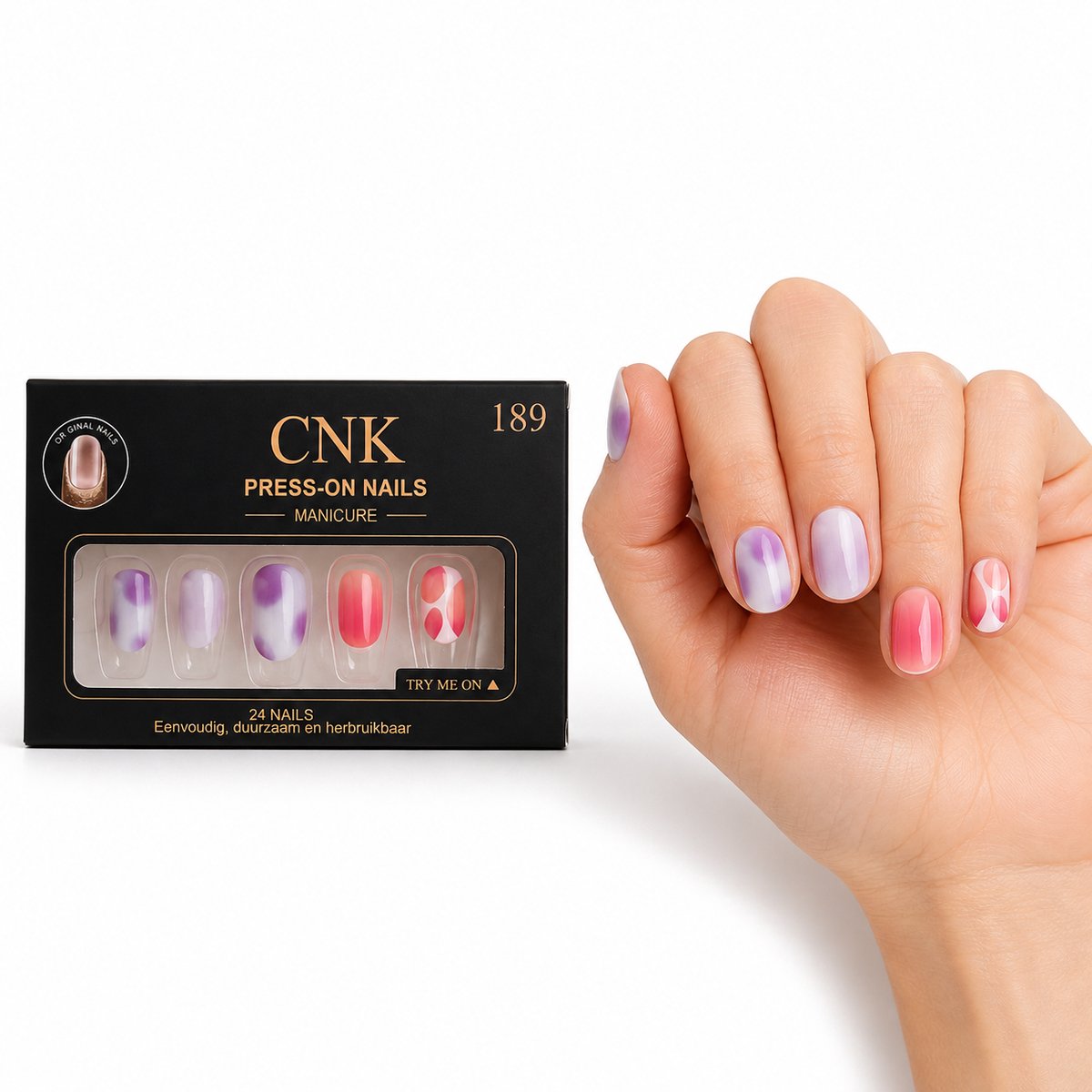 CNK 189 Press On Nails - Plaknagels - 24 Kunstnagels met Nagellijm, 24 Zelfklevende Plakstickers, Cleaner Wipe, Nagelvijl, Woodstick & Size Matcher - Nepnagels voor 7-14 Dagen - Herbruikbare Press-On Nagels - Starterspakket voor Manicure & Nail Art