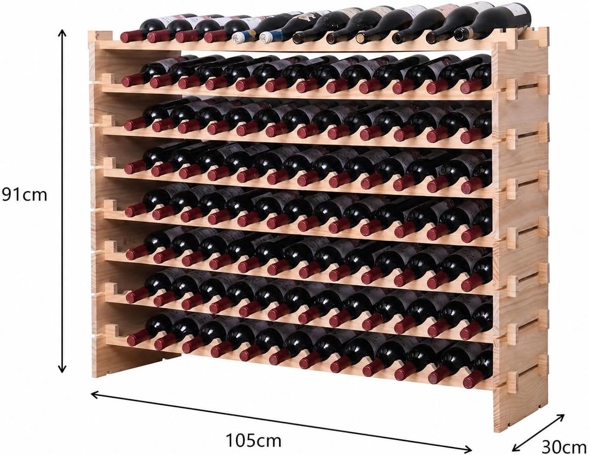 Triumpunpre - Wijnrek voor100 flessen - 10 lagen - 105x30x91 cm stapelbaar modulair ontwerp - stevig houten frame - ideaal voor keuken, kelder of bar