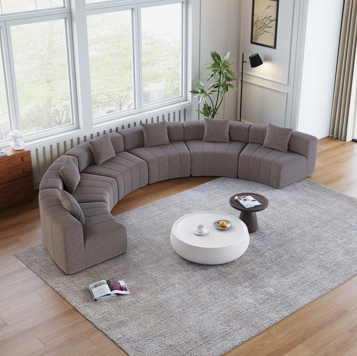MIVRAY Bank 6-Zits - Gebogen Modulaire Bank Met 2 Kussens - Halfrond Voor Woonkamer, Slaapkamer En Kantoor - Chenille - Grijs