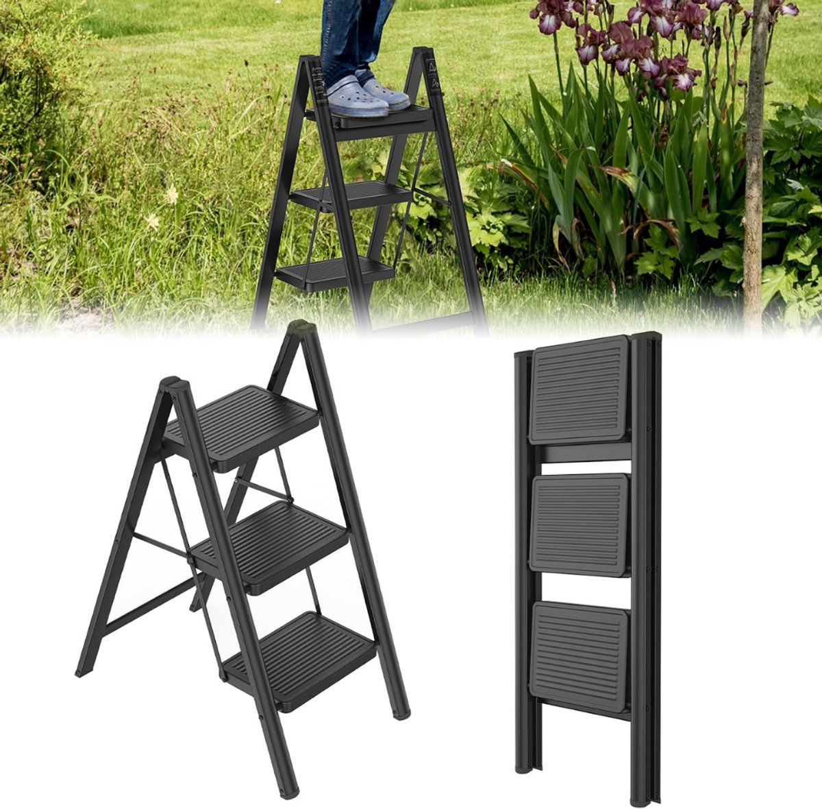 SP® Huishoudtrap - Huishoudladder Inklapbaar - Huishoudtrap 3-treden - Zwart - 66cm x 42cm x 84cm