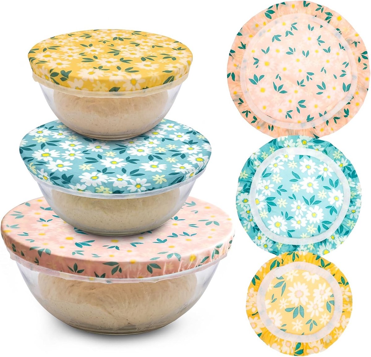 Set van 3 Bijenwas Komdeksels 5.9/7.9/25cm, Herbruikbare Voedseldoeken, Elastische Deksel voor Brood, Ideaal voor Fermentatie en Vershouden