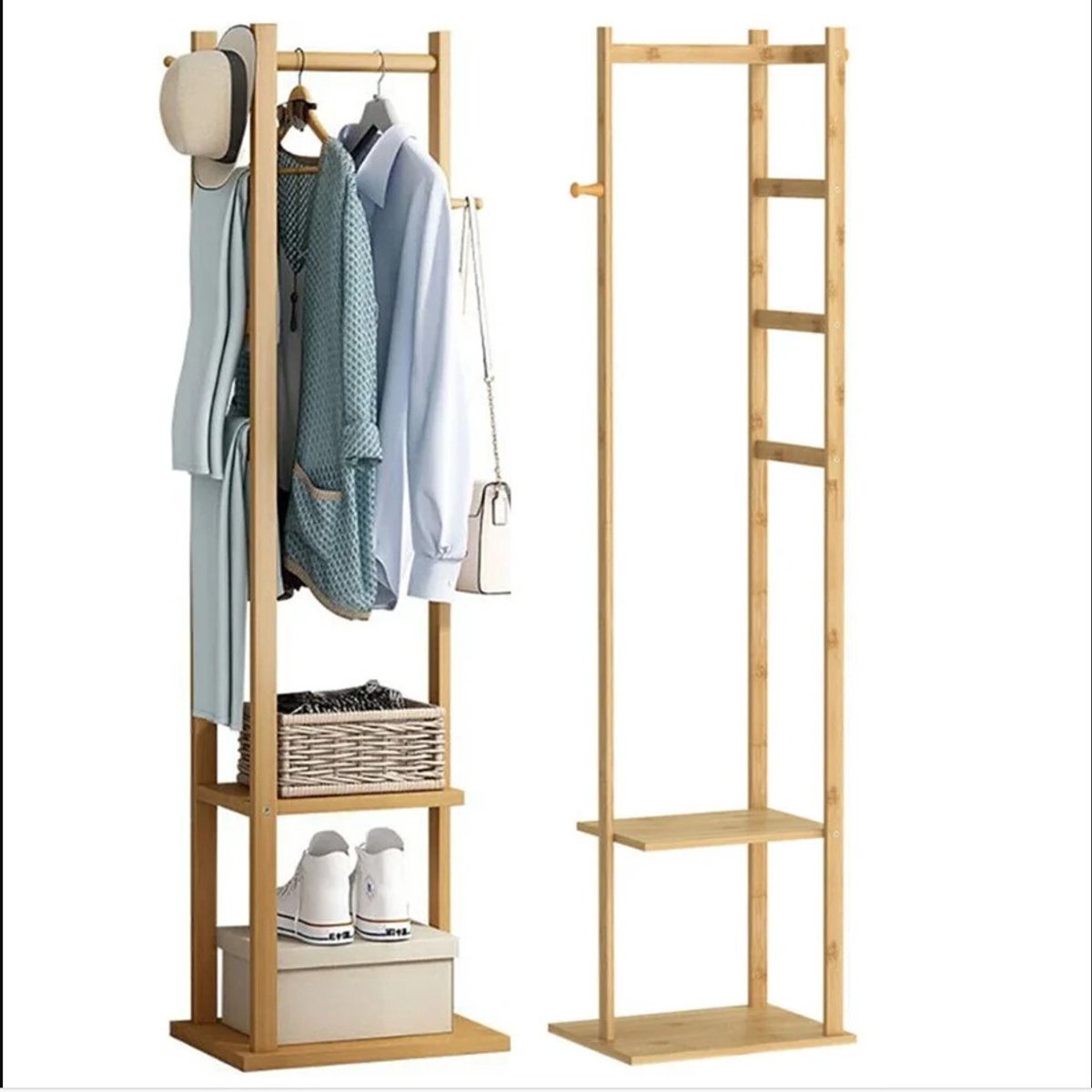 Molhaus Bamboe kapstok - Staand - Houtlook - Met 3 haken en 2 planken - 38 x 30 x 155 cm - Naturel - Opberger- Hal - Opbergruimte
