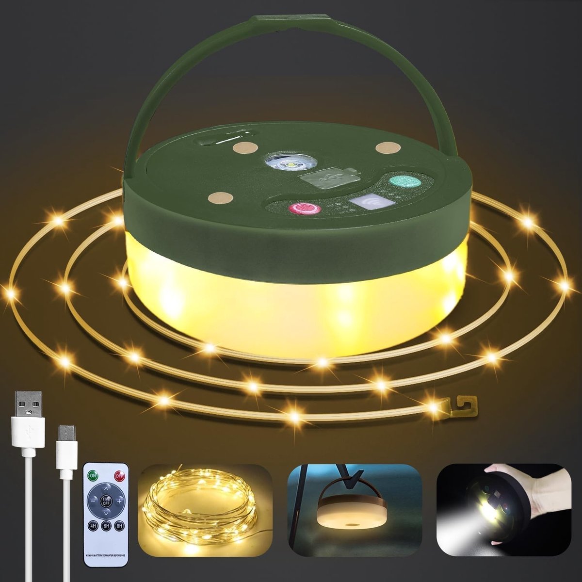 Camping String Lights - Warm Wit - USB Oplaadbare 10M - Waterdichte Intrekbare Verlichting voor Buitenactiviteiten