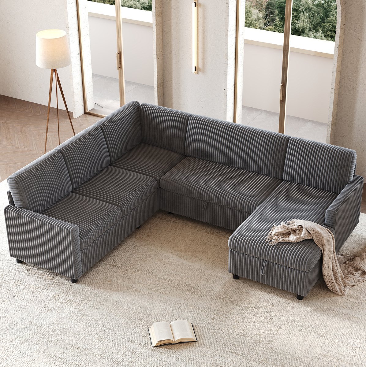 REDOM - U-bank met slaapfunctie - Grof corduroy - Opbergruimte in chaise longue - Moderne stijl - Woonkamer - Stof - Grijs - 274 x 220 x 85 cm