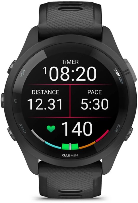 Garmin Forerunner 265 sporthorloge met timer, afstand, tempo en hartslag op AMOLED-scherm.