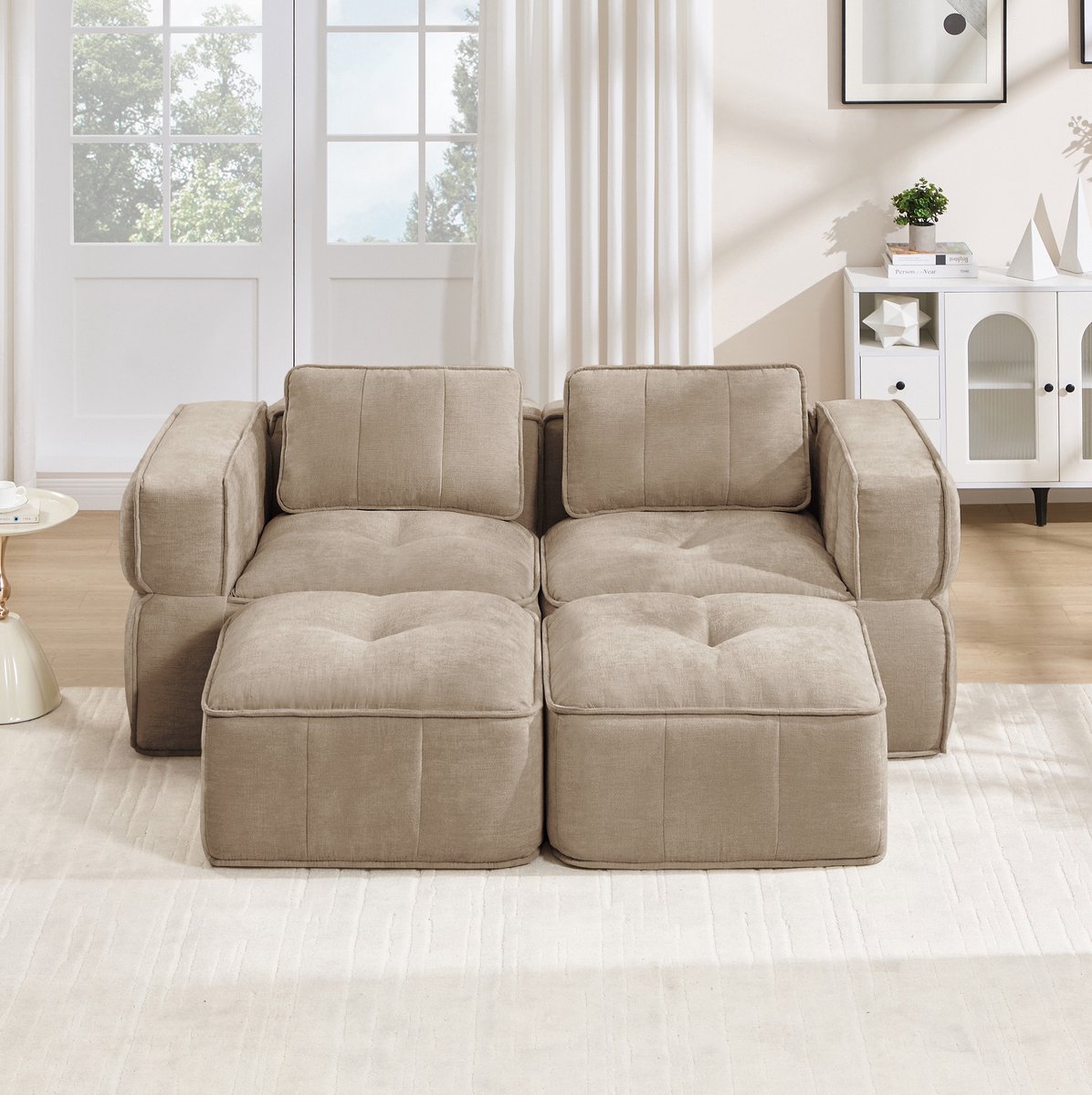 REDOM - Modulaire 2-zitsbank met 2 hockers - Zonder steunbalken - 32D hoogdichtheidsschuim - Polyester - Zand - 198 x 162 x 67 cm