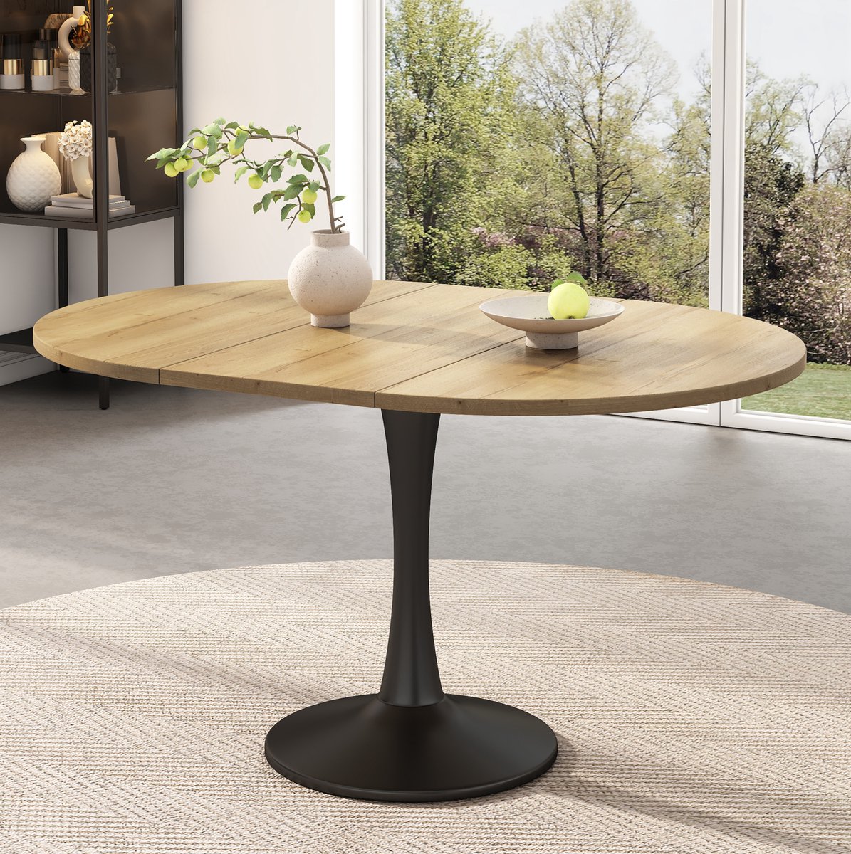 REDOM - Eettafel - Uitschuifbaar - Ovale vorm - Enkel kolom onderstel - Modern - Woonkamer en eetkamer - MDF en ijzer - Eikenkleur - 140 x 100 x 75 cm
