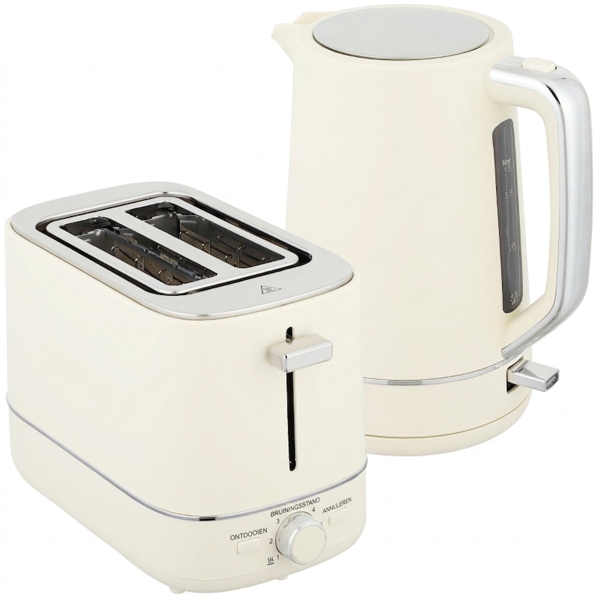 Ontbijtset Beige – Waterkoker 1,7 L en Broodrooster met 6 Bruiningsstanden – Automatische Uitschakeling – Retro Design