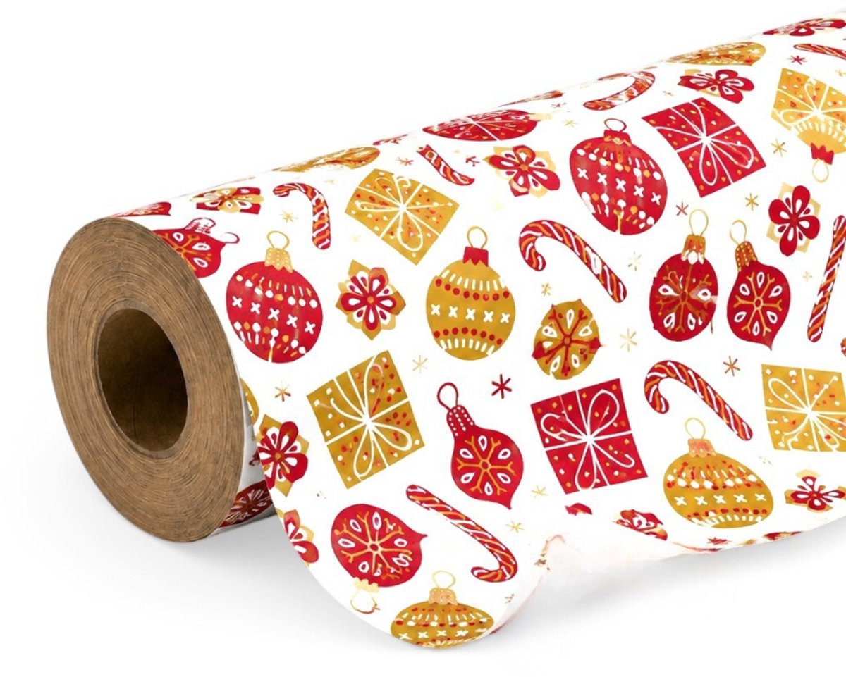 Cadeaupapier – Christmas Ornaments Rood/Goud – (1 STUK) – 700 × 70 cm – Kerstballen, Cadeaus & Candy Canes – Feestelijk Inpakpapier – Duurzaam Kraftpapier – Milieuvriendelijk Cadeaupapier – Hoogwaardige Kwaliteit