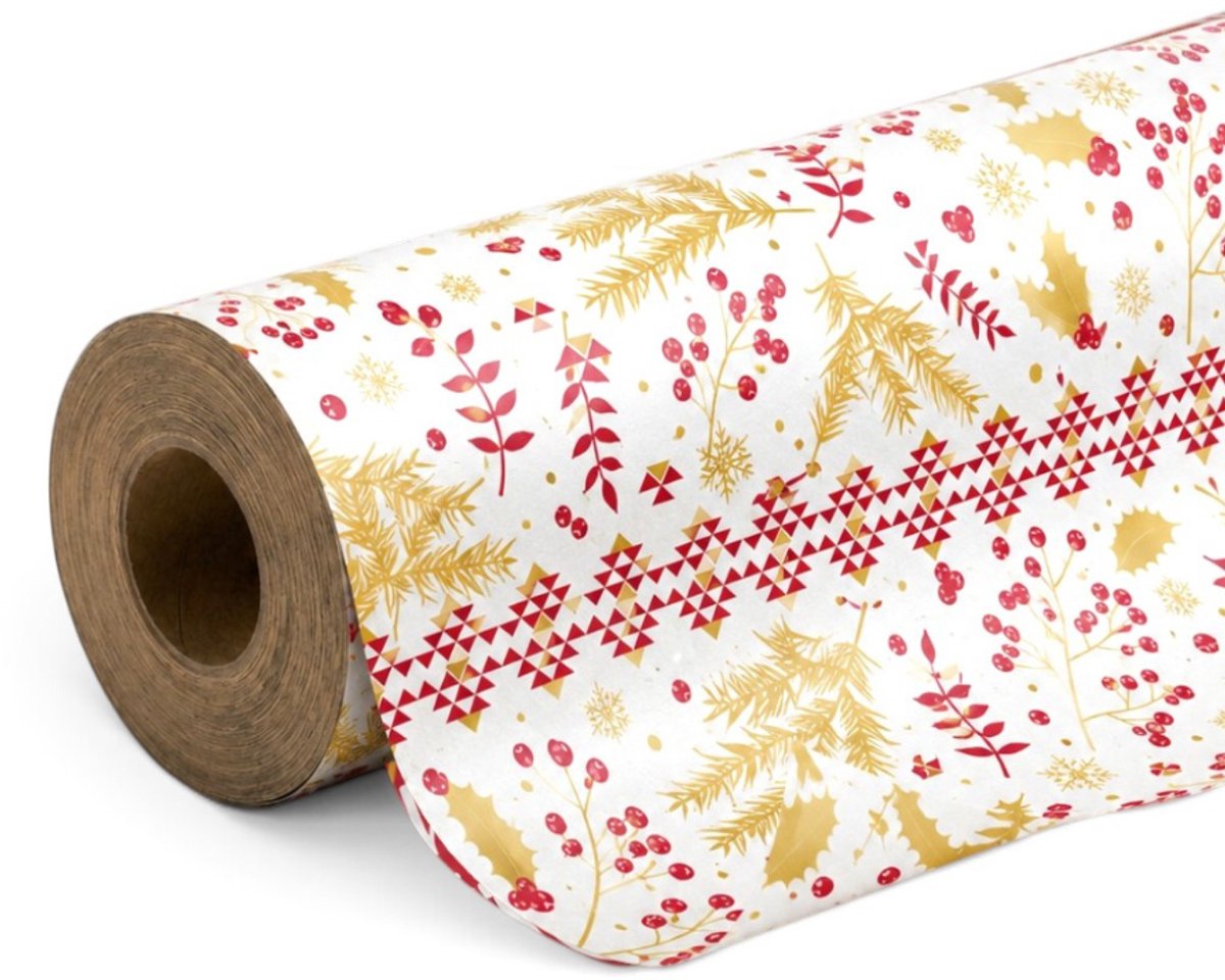 Cadeaupapier – Nordic Holly Christmas Wit/Rood/Goud – (1 STUK) – 700 × 70 cm – Hulst, Wintertakken & Bessen – Feestelijk Kerst Inpakpapier – Duurzaam Kraftpapier – Hoogwaardige Kwaliteit