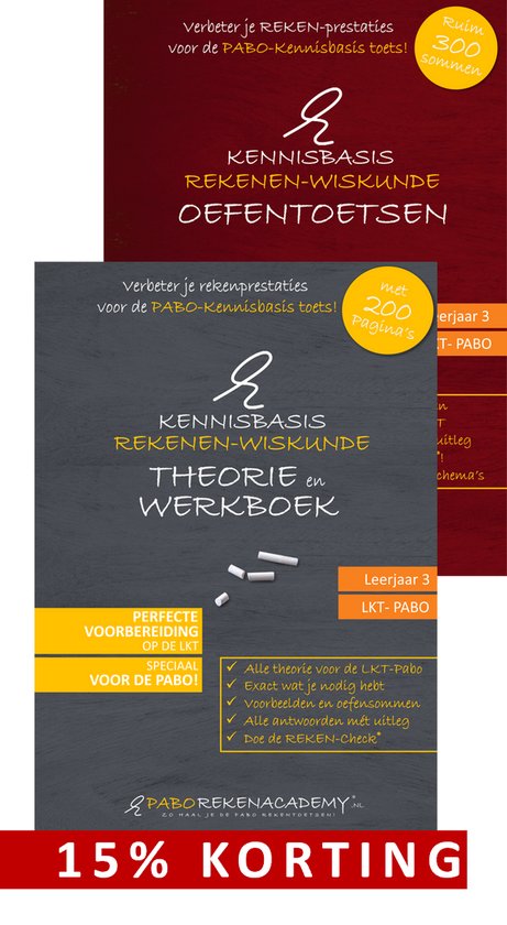 Boekomslag met de tekst 'Kennisbasis Rekenen-Wiskunde Oefentoetsen', 'Leerjaar 3', 'met 200 pagina's' en '15% korting'.