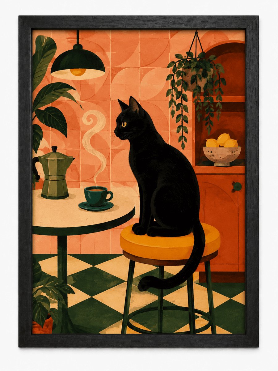 Zwarte Kat Poster | Retro Keukenposter met Koffie | Inclusief Zwarte A4 Lijst | Dieren wanddecoratie