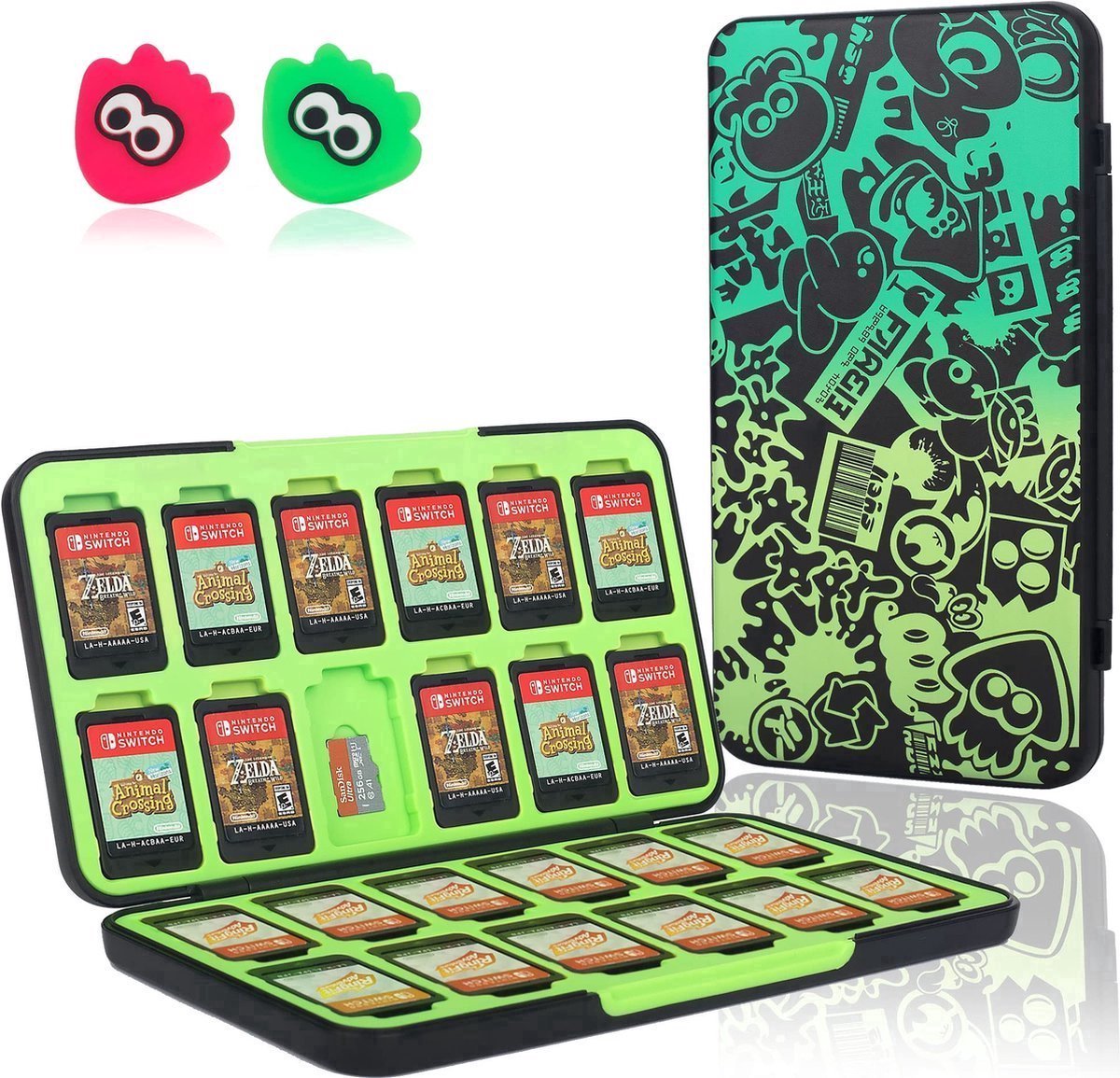 casalora® - Game card case geschikt voor Nintendo Switch-met 2 duimgreepdoppen-24 Micro SD-kaartsleuven-zachte rubberen voering-volledige bescherming-draagbaar en lichtgewicht-opbergen spelletjes-opslag case-zwarte octopus