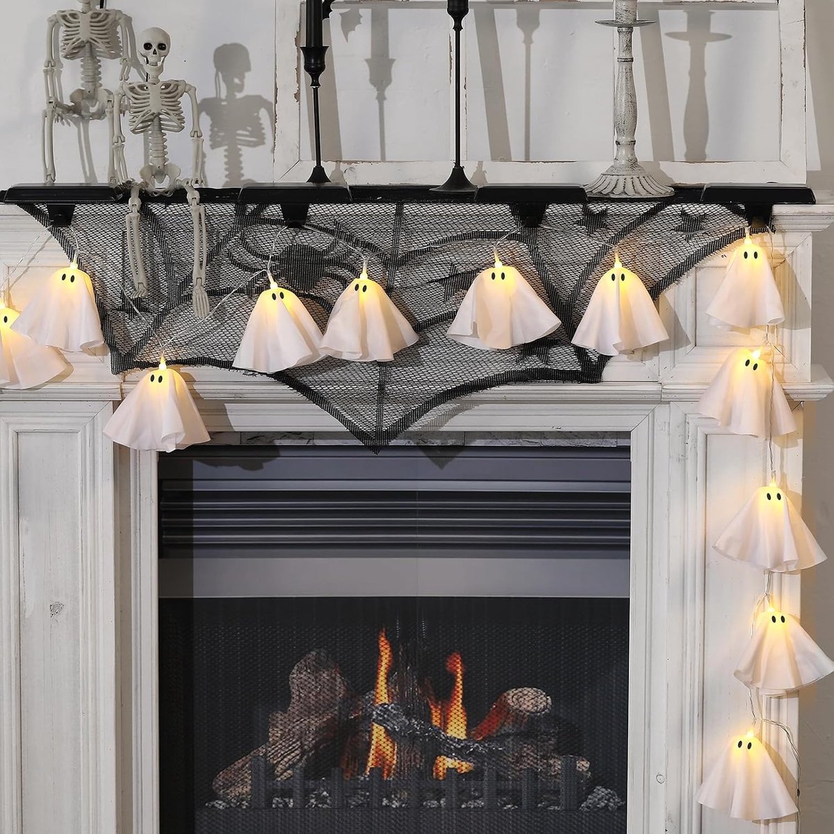 Halloweenversieringen - Lichtgevende spookkrans | Handgemaakte lichtslinger met spookjes, perfect voor familiefeestjes, schoorsteenmantels en raamdecoratie.