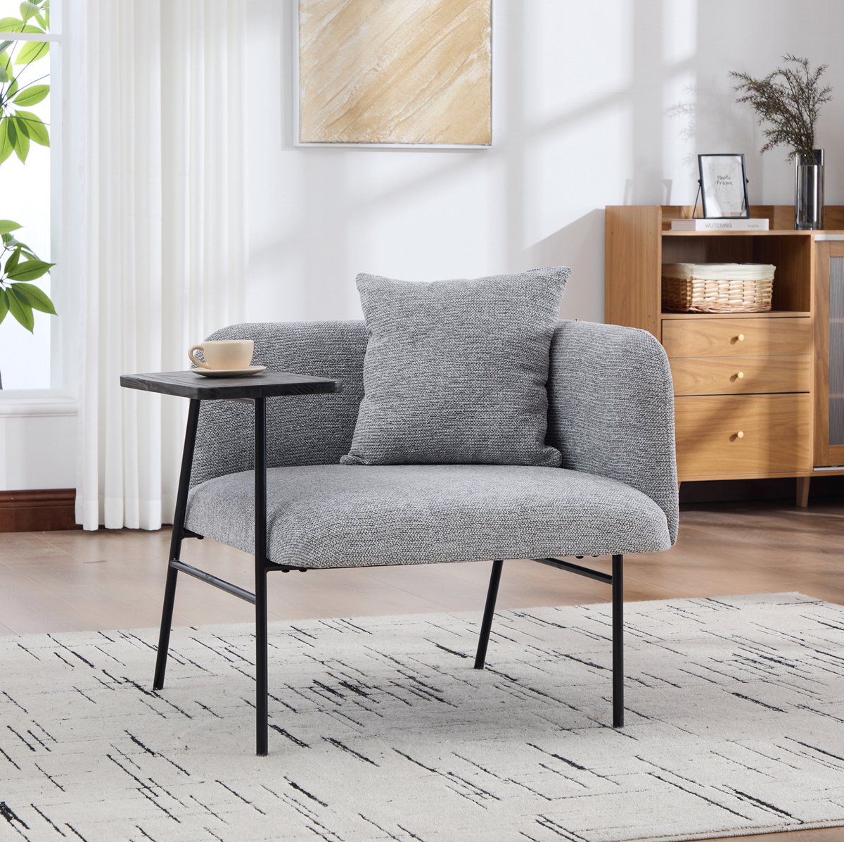 MODFU - Fauteuil Met Bijzettafel - Grijs - Chenille - Met Armleuningen - Scandinavisch