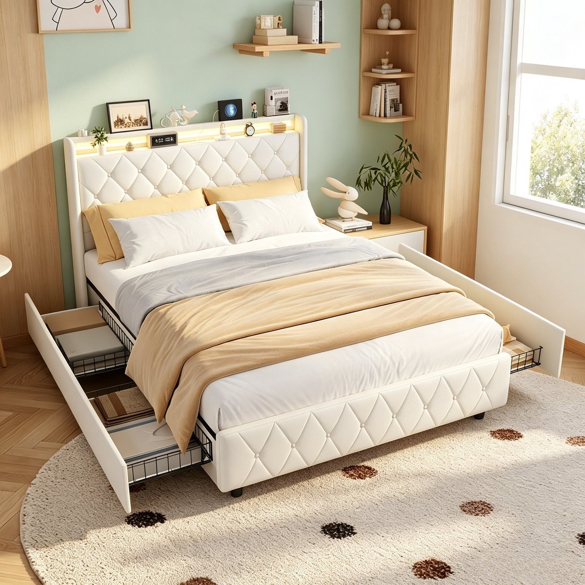 ROSAHQNDA Tweepersoonsbed 160x200 cm, gestoffeerd opbergbed met 4 lades en hoofdbord met opbergvak, fluweel, beige, zonder matras
