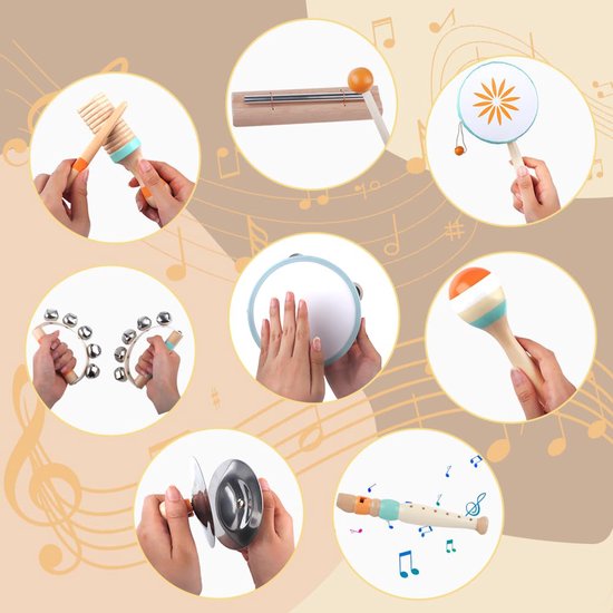 Collage van handen die muziekinstrumenten bespelen: trommel, xylofoon, tamboerijn, castagnetten, blokfluit, rammelaar.