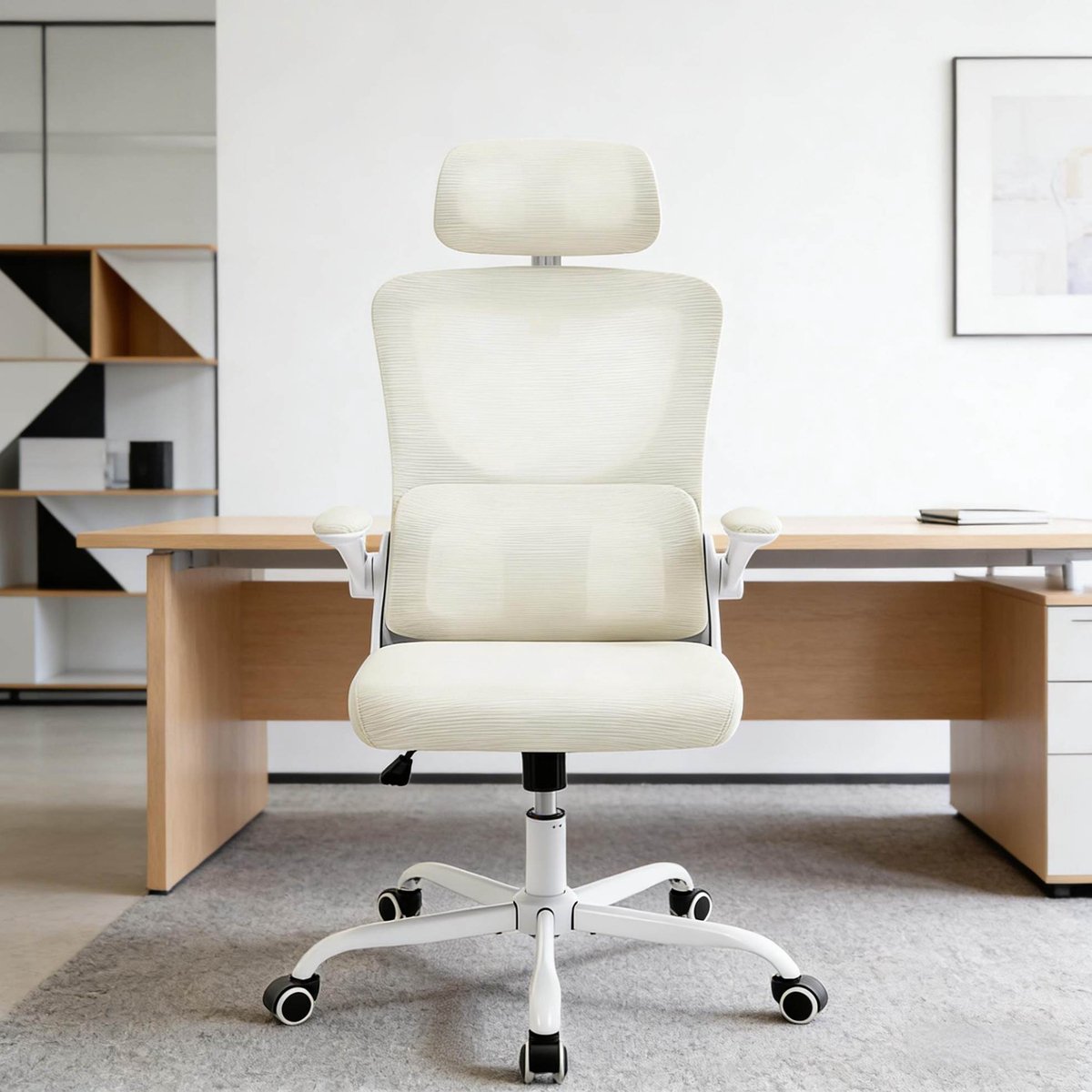 MODFU - Bureaustoel - Mesh Rugleuning En Hoofdsteun - Met Armleuningen En Wielen - Beige