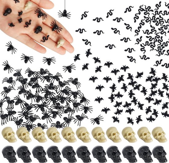 200 stuks Halloween mini schedelkoppen spinnen vleermuis slang,miniatuur hars spin nep doodskop ,kleine decoratie griezelig speelgoed voor party narrendag decoratie