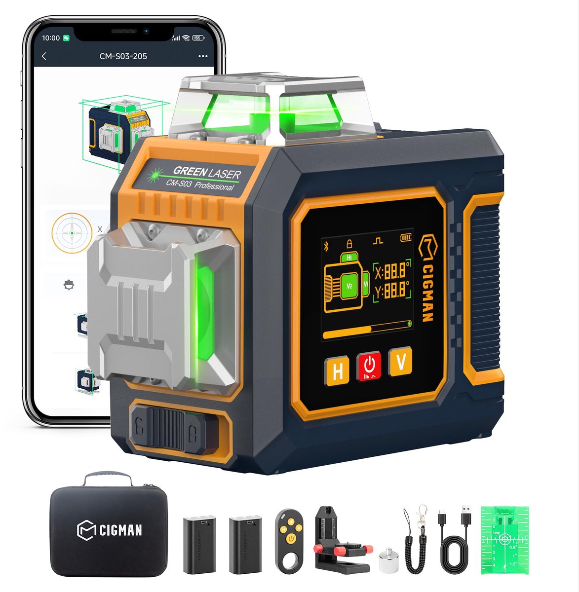 Kruislijnlaser, CIGMAN APP Intelligente bediening 3x360 graden zelfnivellerende laserwaterpas, met LCD-scherm - ShopVlot