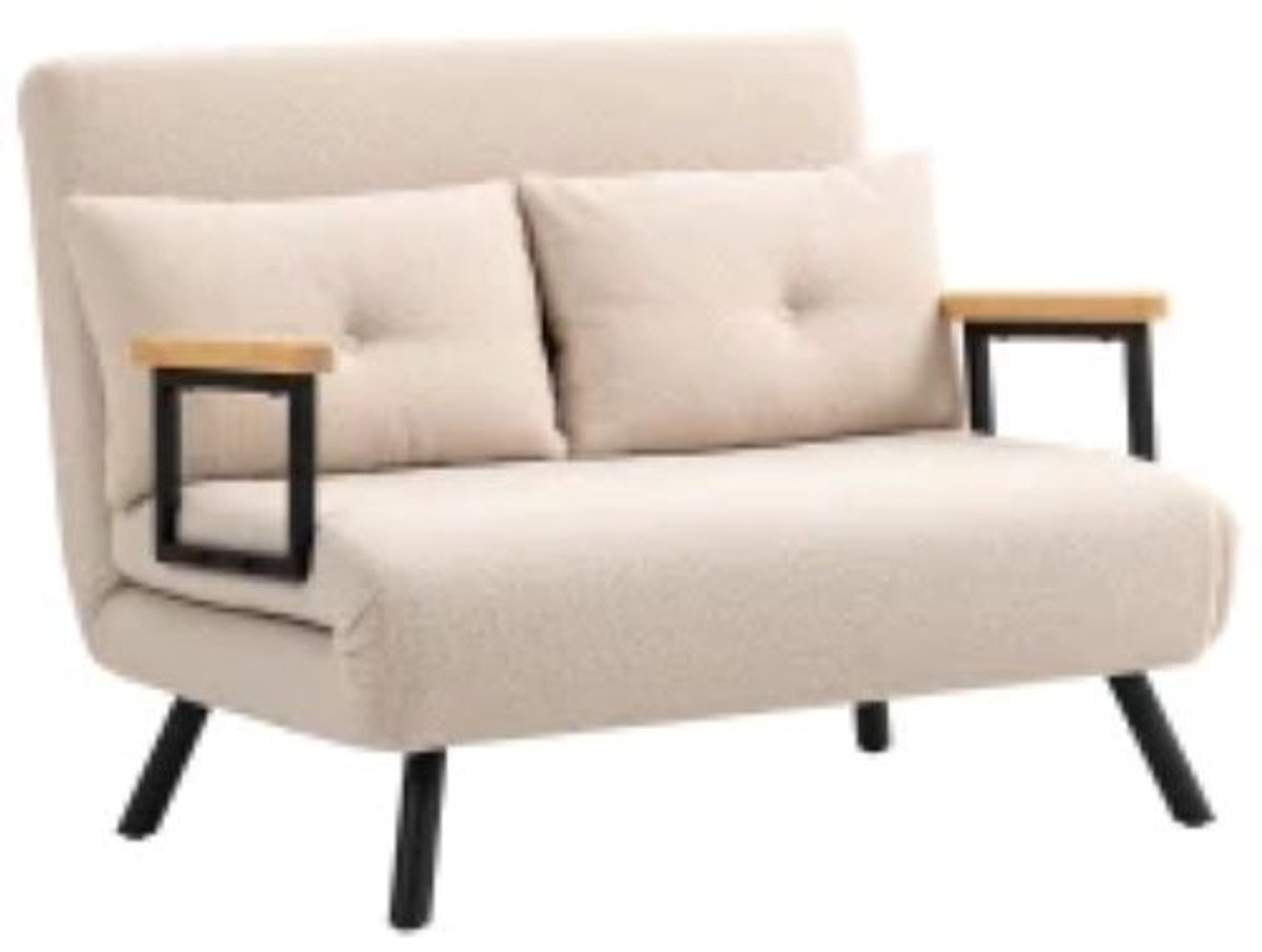 QUESTYR - Luxe 4‑in‑1 Slaapbank – Beige – Verstelbare Rugleuning 180° – Fleece‑Look – 2‑Zits Bank & Logeerbed – Inclusief 2 Kussens