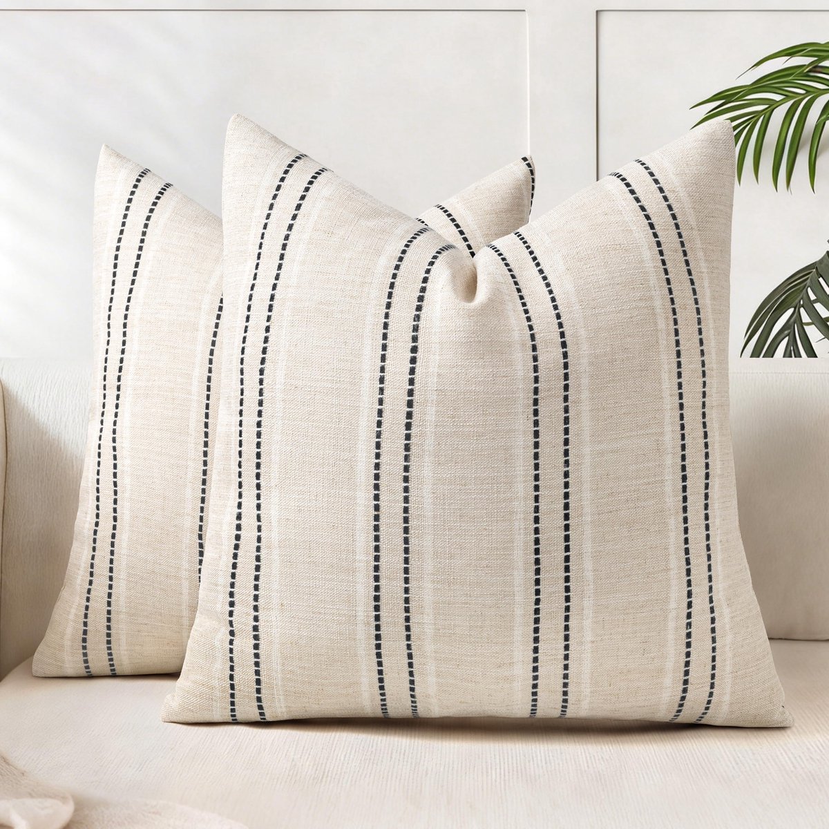 AELS Decoratieve boerderij linnen sierkussenslopen, boho getextureerde kussensloop, set van 2, beige met witte en - ShopVlot