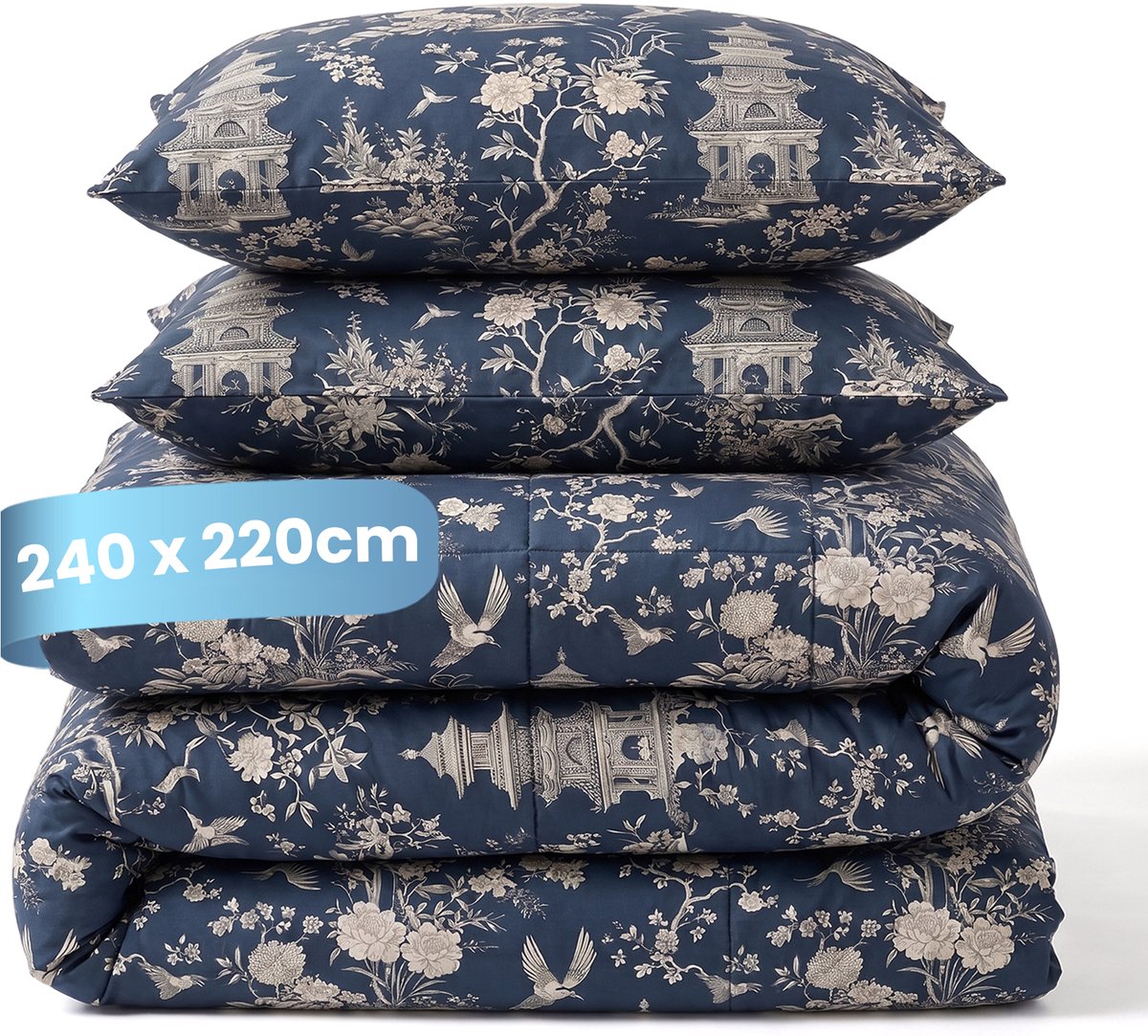 Slaapspeciaal Essential Print Lotus Blue - Dekbed zonder Overtrek - Wasbaar Dekbed - Hoesloos Dekbed - All Year Dekbed - 2 in 1 Dekbed - Incl. 2 Kussensloop - 240x220 cm