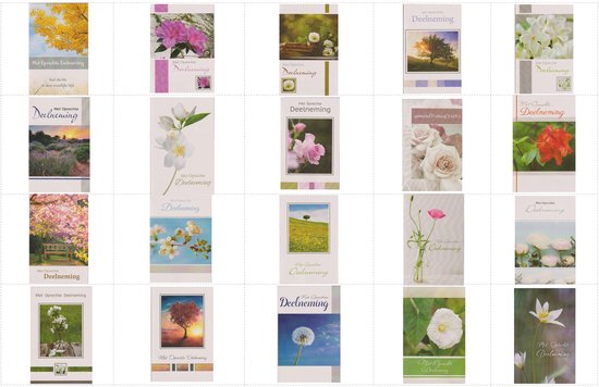 Overzichtskaart met 20 diverse condoleancekaarten met bloemen, landschappen en natuurthema's.
