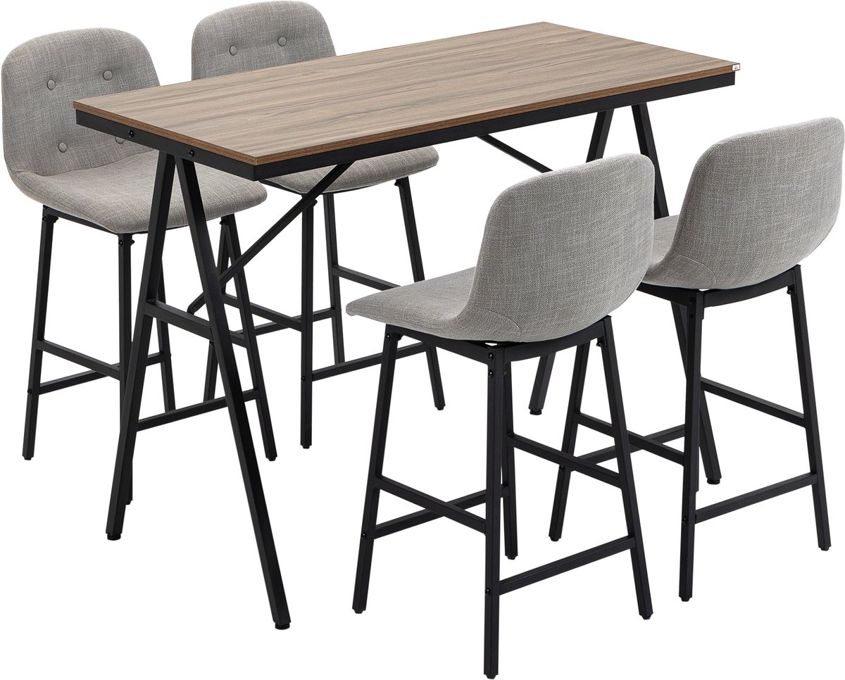 Bartafelset met 4 stoelen met rugleuning - lichtgrijs | Bartafel met barkrukken - eettafel - keukentafel