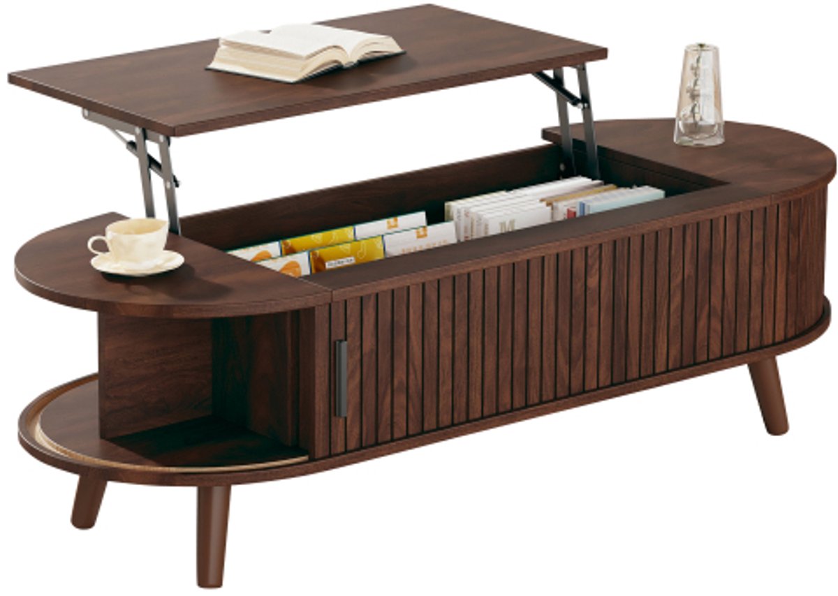 Salontafel met Lift-Top 120 x 50 x 39.5 cm – Verstelbaar tot 53.5 cm – Met Verborgen Opbergruimte en 5 Open Vakken – Bijzettafel voor Woonkamer – Walnootkleur