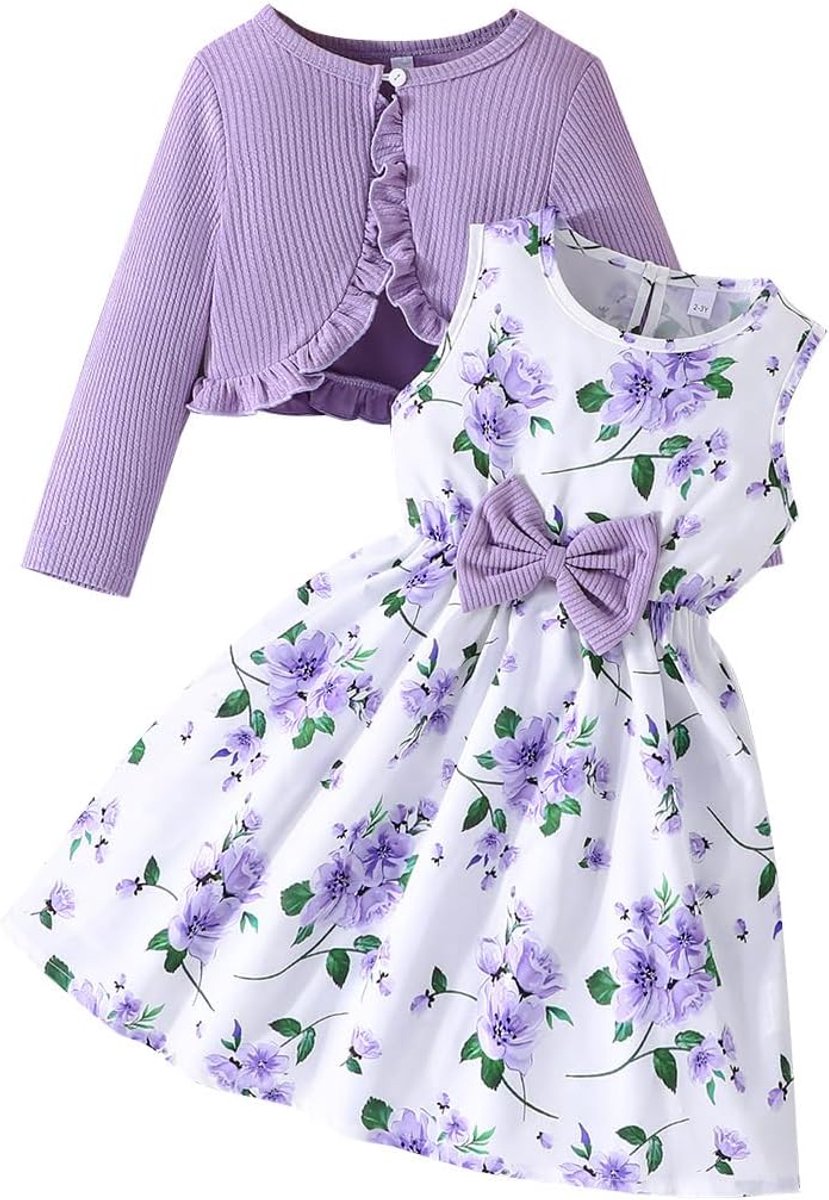 Jurk en gebreid vestje voor meisjes, 2 stuks, bloemenjurken, peuters, kinderen, lange mouwen, mantel, ruches, meisjesjurk voor 2-8 jaar