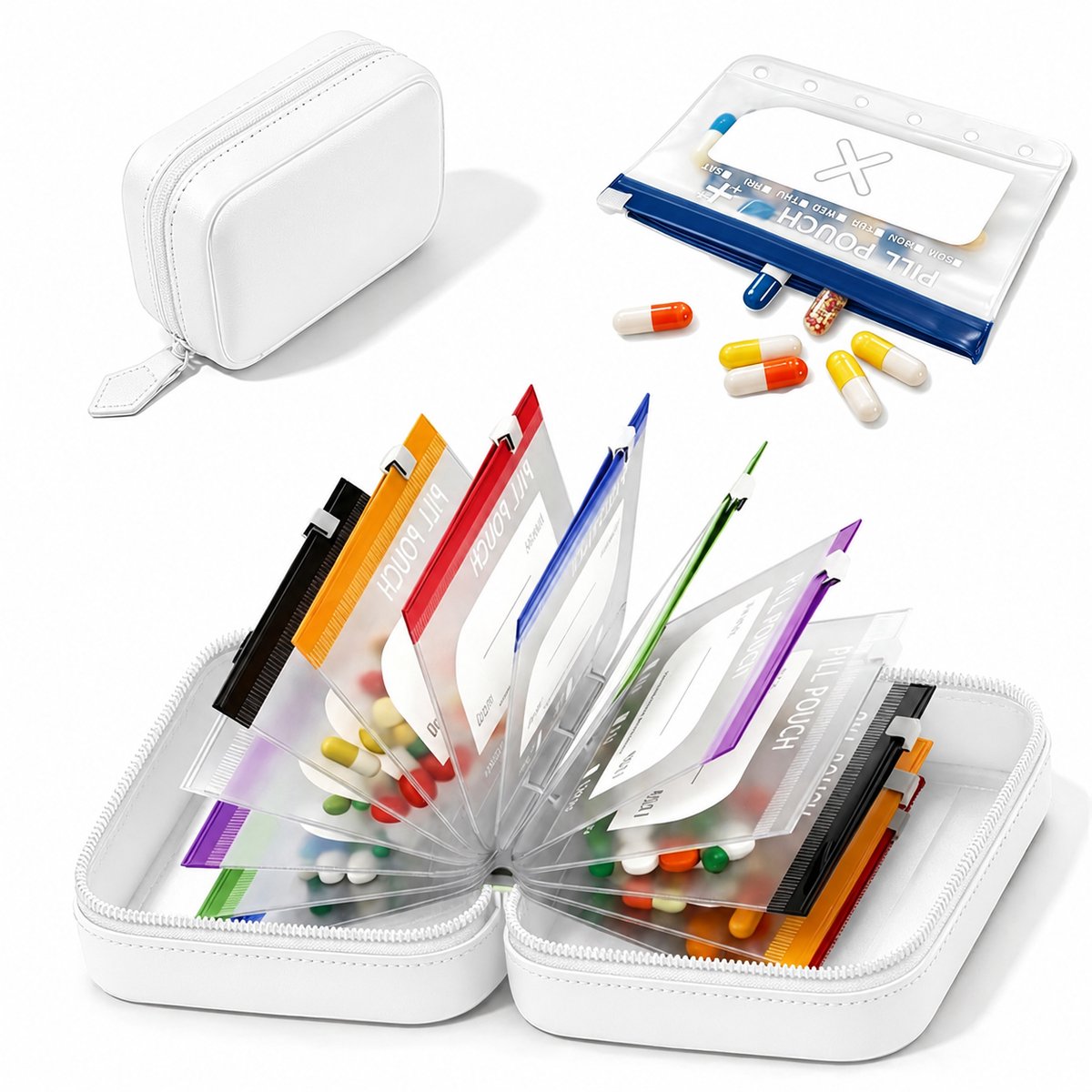Casalora® Medicijn Organizer voor Reizen – Waterdichte Opbergtas met 14 Kleurgecodeerde Ritszakjes – Voedselveilige Opbergzakken – Compacte Reisopberger – Wit