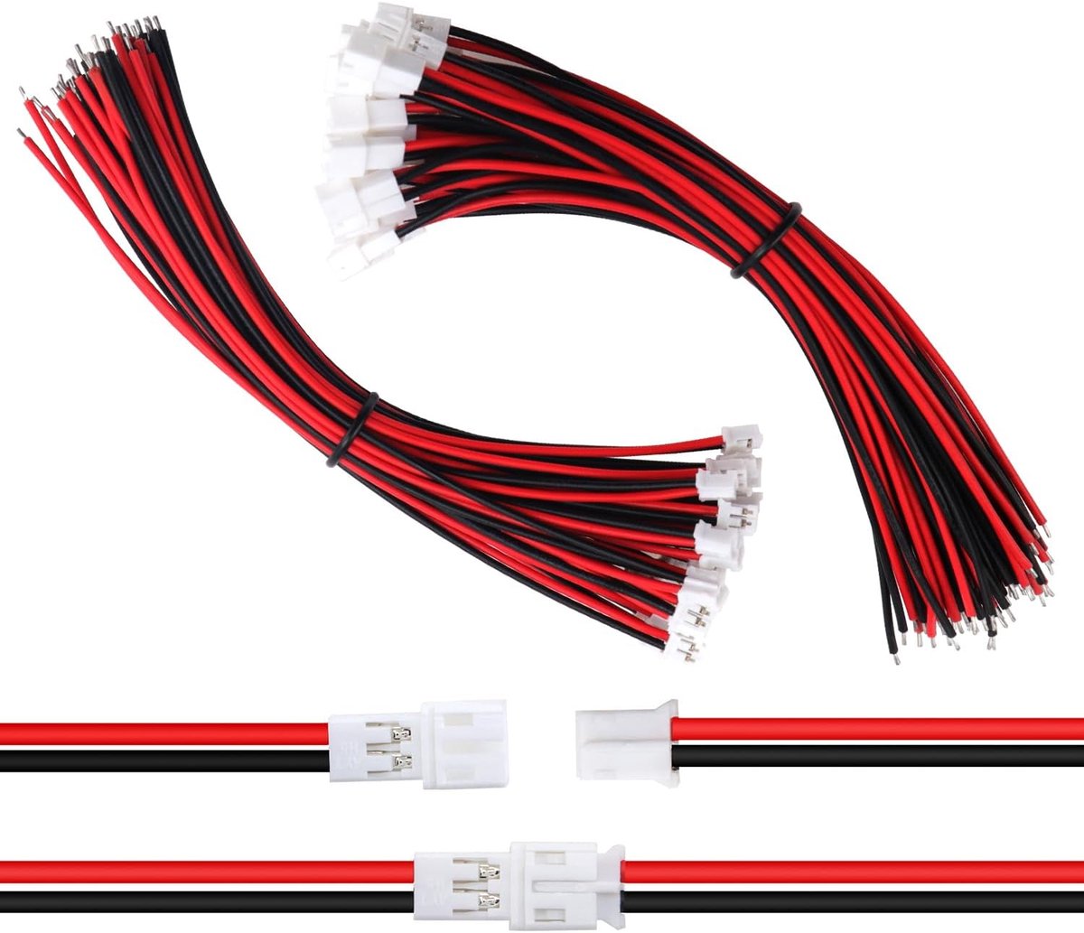 30 Paar JST 2.0 PH 2 Pin Schakelaars, Mini Micro JST PH 2.0 mm 2 Pin Vrouwelijk en Mannelijk met 150mm 22AWG Kabeldraad (Rood Zwart)