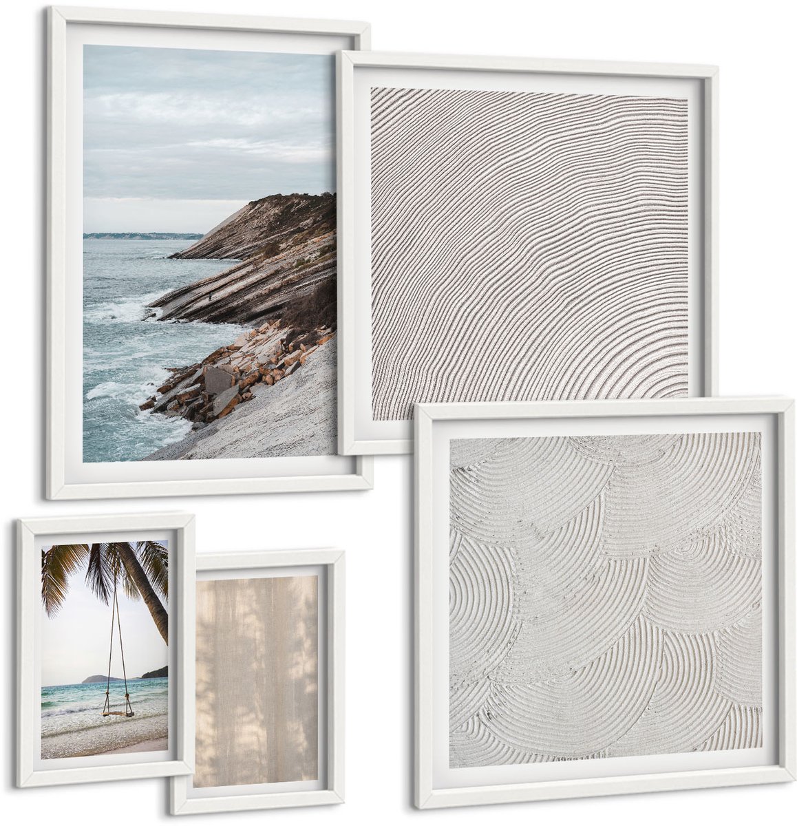 Coloray 5-Delige Schilderij Set - Zomers Zand En Uitzicht Op Zee Zomerse Landschappen - 50 x 50 cm, 20 x 30 cm En 40 x 60 cm - Muurdecoratie - Wanddecoratie - Hal - Decoratieve Schilderijen