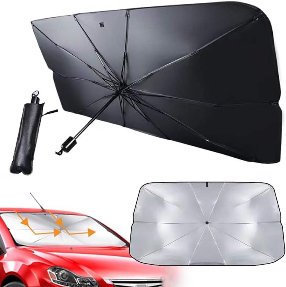 Zonnescherm voor de auto, 79 x 140 cm, grote paraplu, blokkeert uv-stralen, zonwering, voor de meeste voertuigen | Grote zonwering voor de auto, blokkeert uv-stralen, voor de meeste voertuigen, auto-accessoires