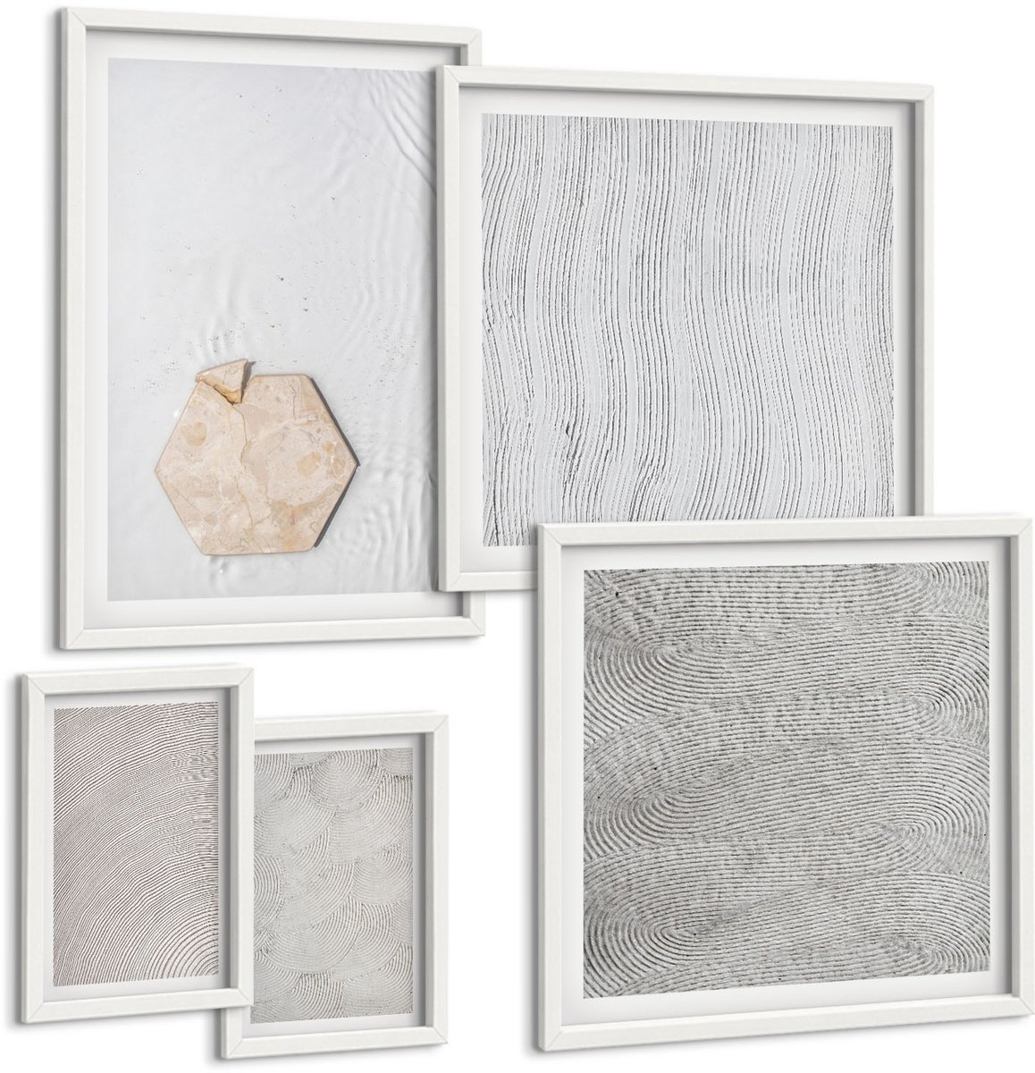 Coloray 5-Delige Schilderij Set - Lichte Texturen Op Zand In Boho-Stijl, Subtiel - 50 x 50 cm, 20 x 30 cm En 40 x 60 cm - Moderne Wanddecoratie - Woonkamer