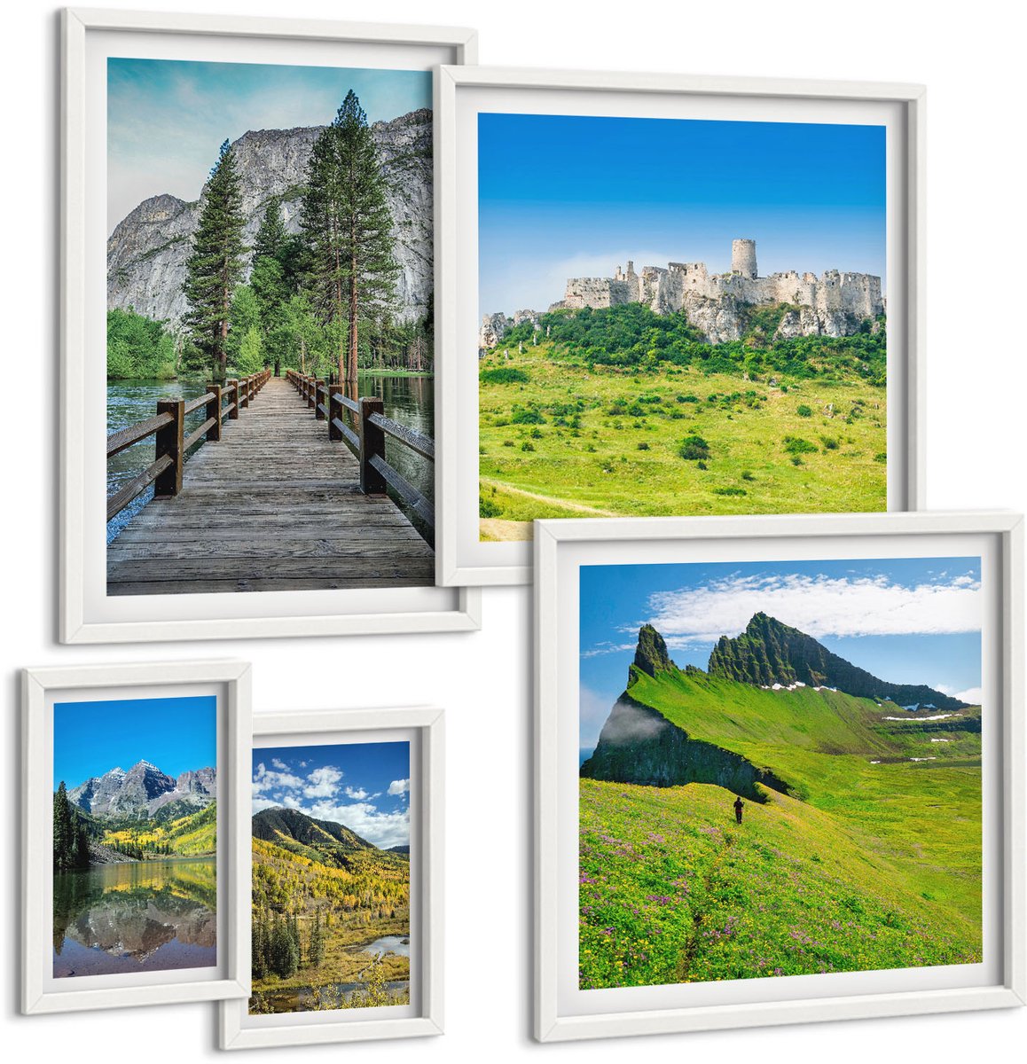 Coloray 5-Delige Schilderij Set - Natuurlijke Berglandschappen Met Watervallen En Bossen - 50 x 50 cm, 20 x 30 cm En 40 x 60 cm - Muurdecoratie - Interieur Decoratie - Stijlvolle Muurdecoratie