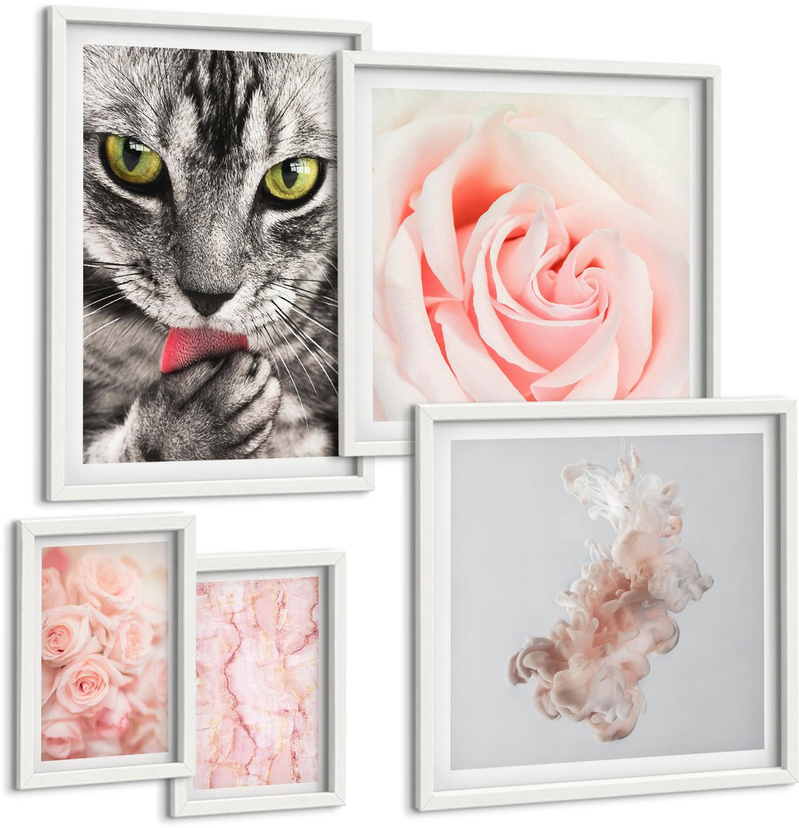 Coloray 5-Delige Schilderij Set - Katten En Rozen In Delicate Roze Tinten - 50 x 50 cm, 20 x 30 cm En 40 x 60 cm - Wanddecoratie - Moderne Interieurdecoratie - Decoratieve Schilderijen